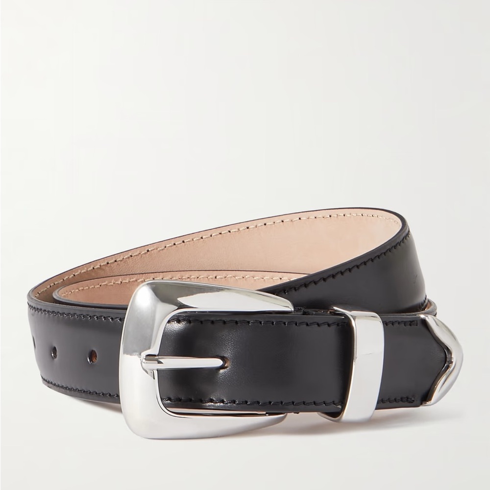 KHAITE Black Leather Belt with Silver Buckle